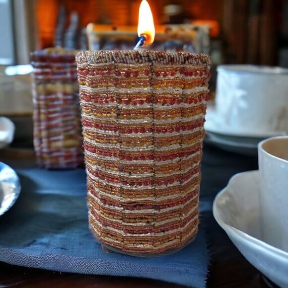 Beaded Candle Holder Glass Seed Bead Pillar Tall Bohemian Moroccan Red Gold Vtg. - Picture 1 of 16